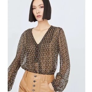 Veronica Beard Lowell Sheer Printed Long Sleeve Blouse Black Multi V-neck 6